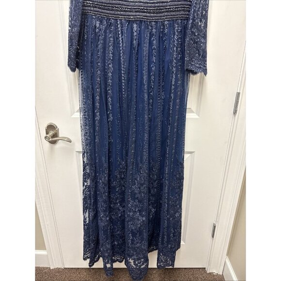 MAC DUGGAL Size 12 Navy 66591 Long Sleeve Floral Illusion Beaded Gown Dress $798 - Picture 9 of 16